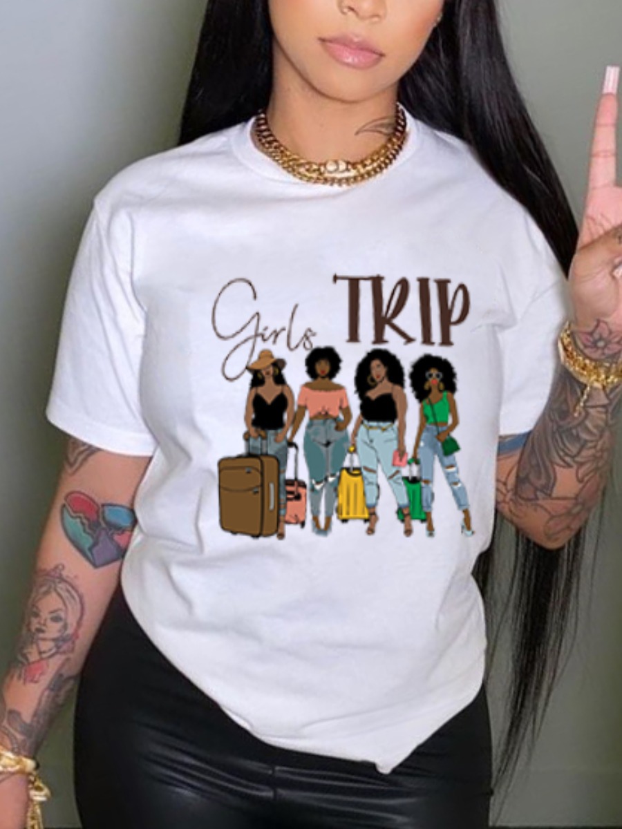 LovelyWholesale Round Neck Figure Cartoon Regular T-shirt Summer Short Sleeve Casual Cartoon Round Neck Spring Summer 2024