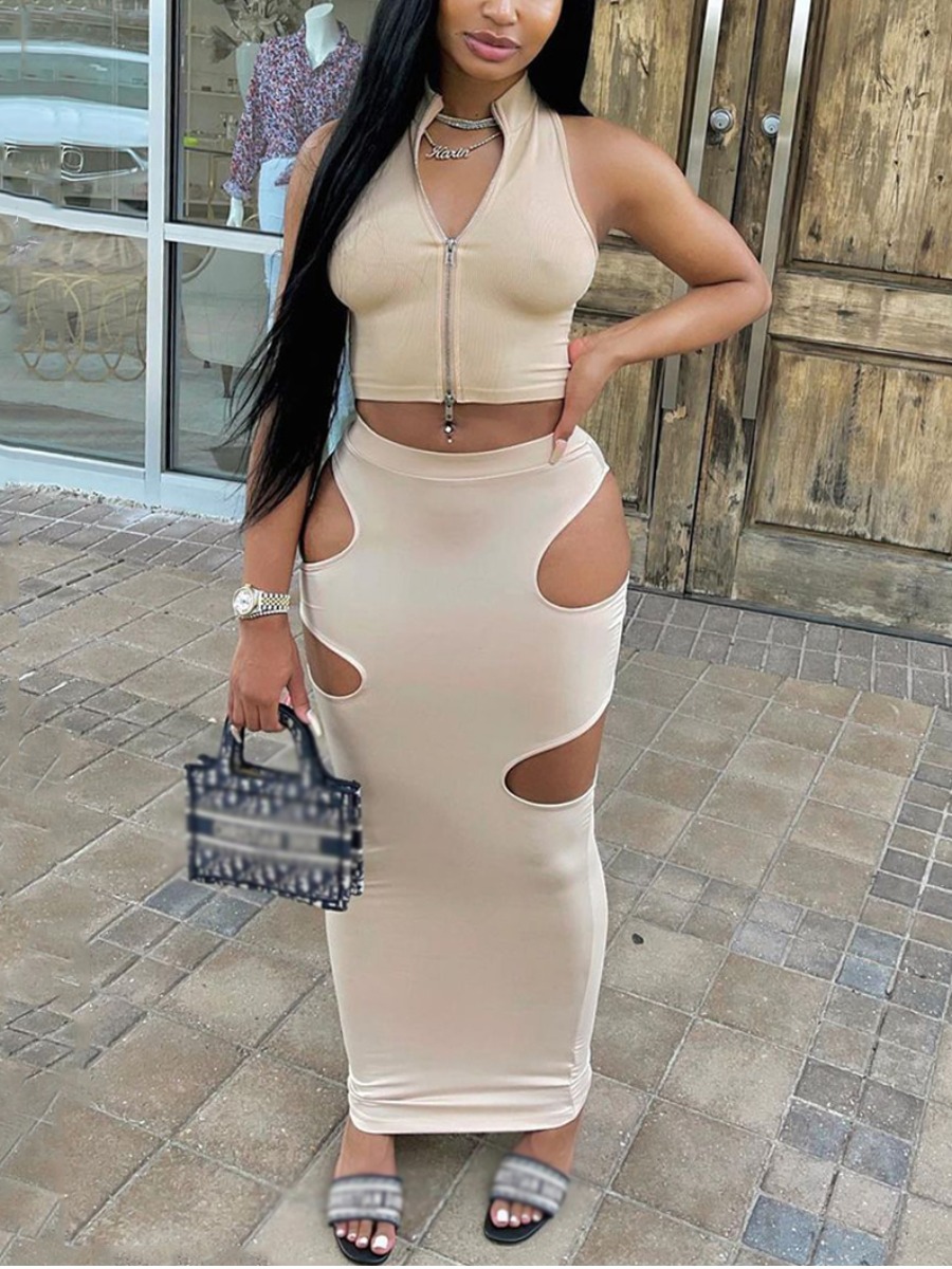 LW Street Hollow-out Zipper Design Khaki Two Piece Skirt Set