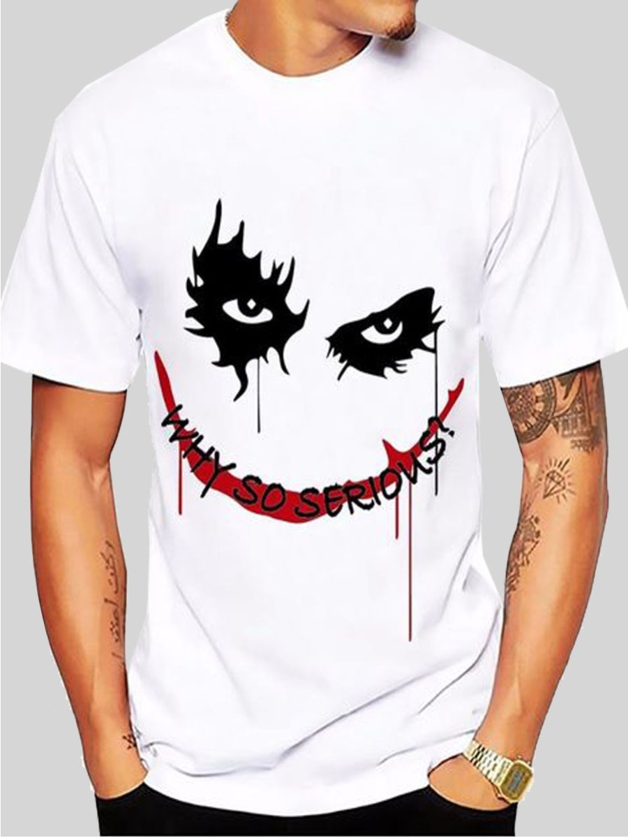 LW Men Casual Round Neck Letter Print White T-shirt