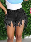 LW Plus Size High Stretchy Tassel Design Black Denim Shorts