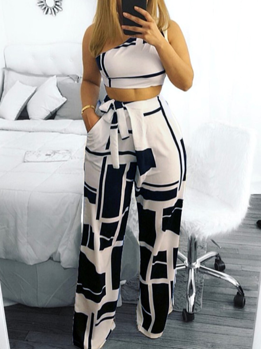 LovelyWholesale One Shoulder Geometric Print Wide Leg Pants Set Spring Sleeveless Casual Lace Up One Shoulder Spring Summer 2024