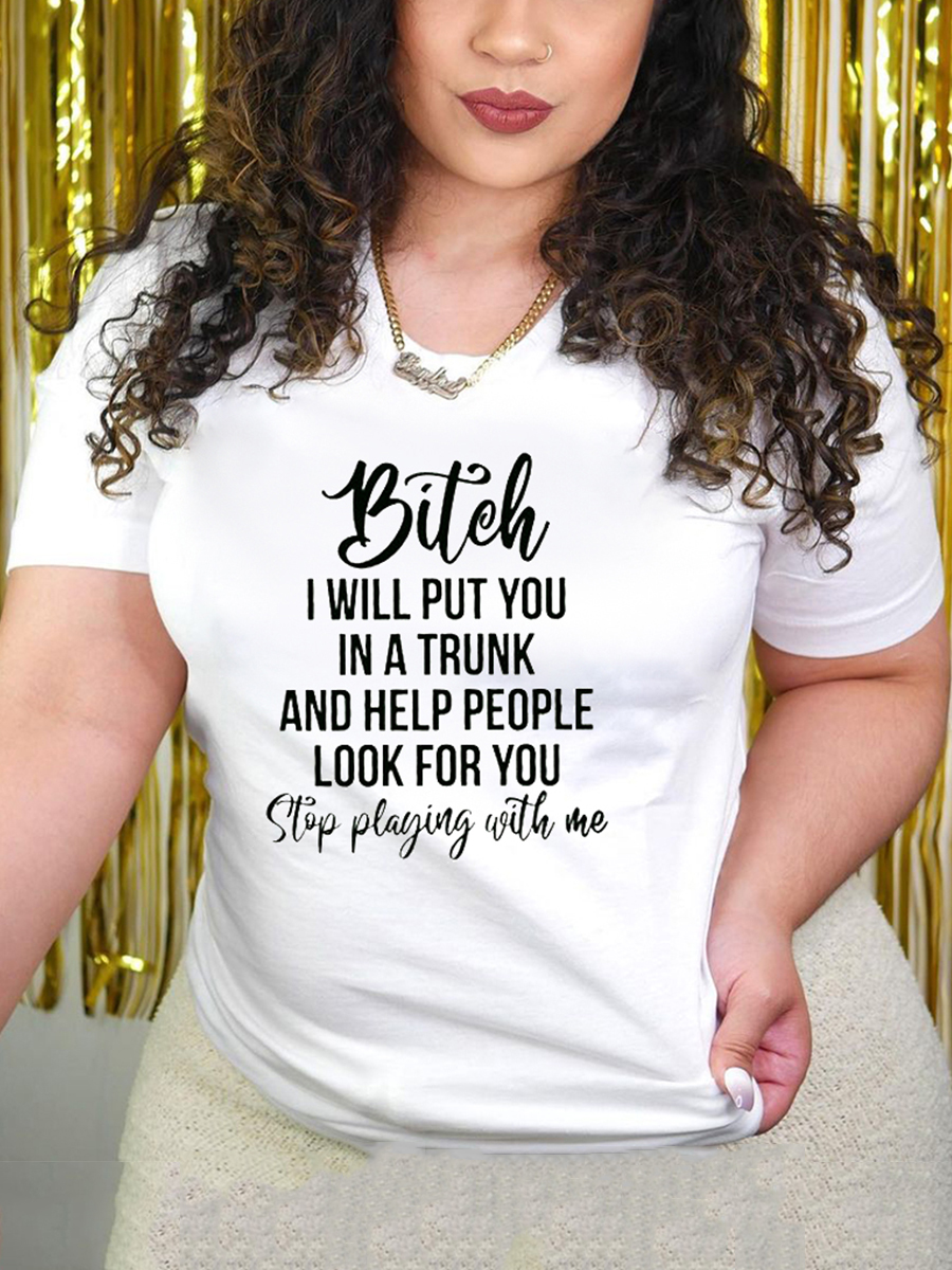 LW Casual Round Neck Letter Print White T-shirt