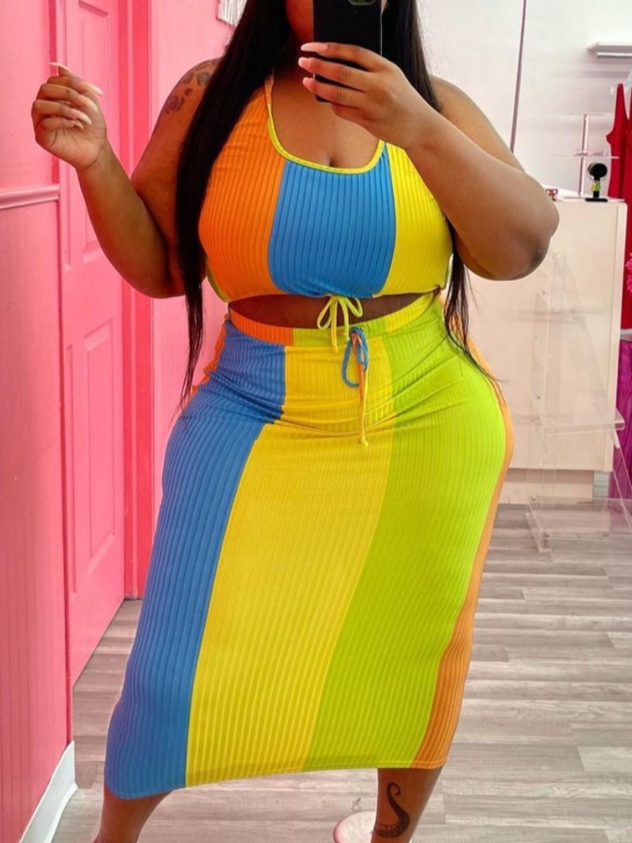 LovelyWholesale Plus Size Boho Patchwork Drawstring Multicolor Two-piece Skirt Set Summer Sleeveless Vacation Vests U Neck  4X Spring Summer 2024
