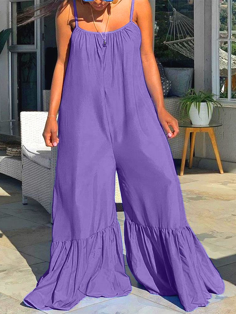 LovelyWholesale Plus Size Casual Flounce Design Loose Purple One-piece Jumpsuit Spring|Summer Sleeveless Vacation Ruffle Spring Summer 2024