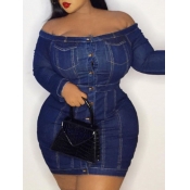 LW Plus Size Trendy Buttons Design Blue Mini Dress