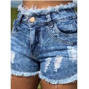 Lovely Casual Broken Holes Baby Blue Shorts
