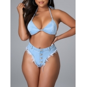 LW Raw Edge Button Design Denim Bikini Set