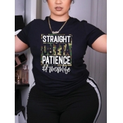 LW Casual Camo Letter Print Black T-shirt