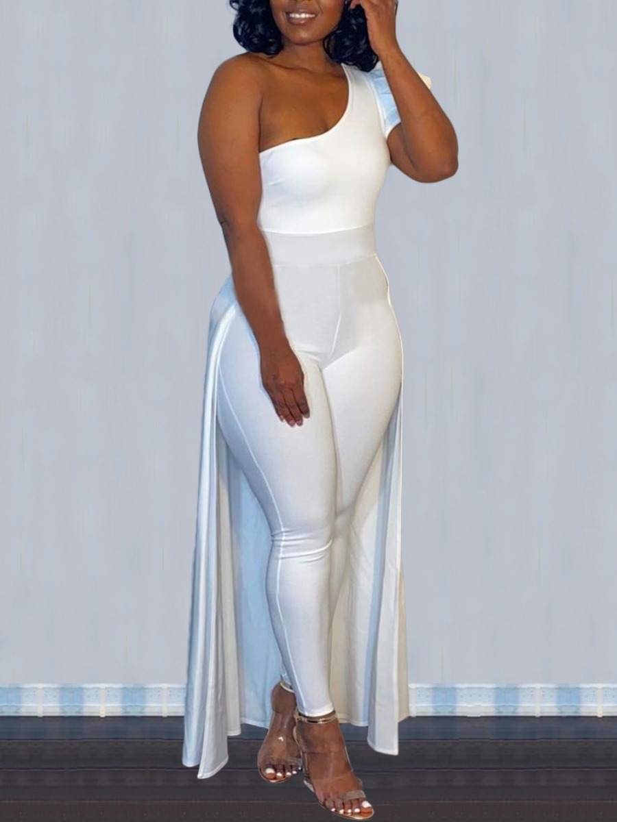 LovelyWholesale One Shoulder Skirt Overlay Jumpsuit Spring|Summer Short Sleeve Street Ruffle One Shoulder Spring Summer 2024