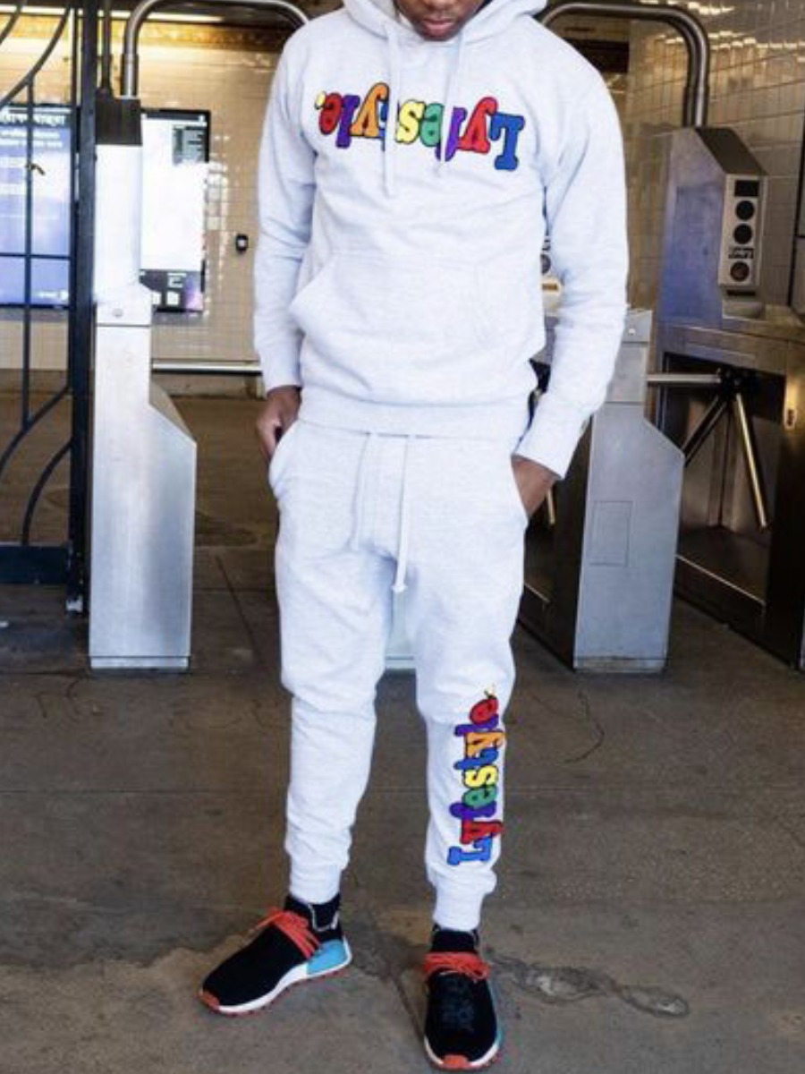 LW Men Letter Print Kangaroo Pocket Tracksuit Set