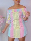 LW Off The Shoulder Rainbow Striped Dress
