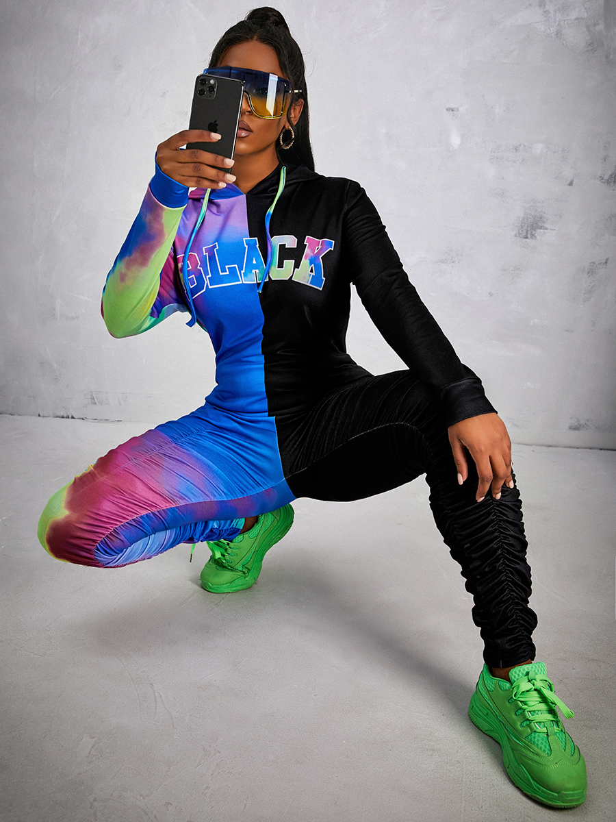 LW Tie-dye Letter Print Ruched Tracksuit Set