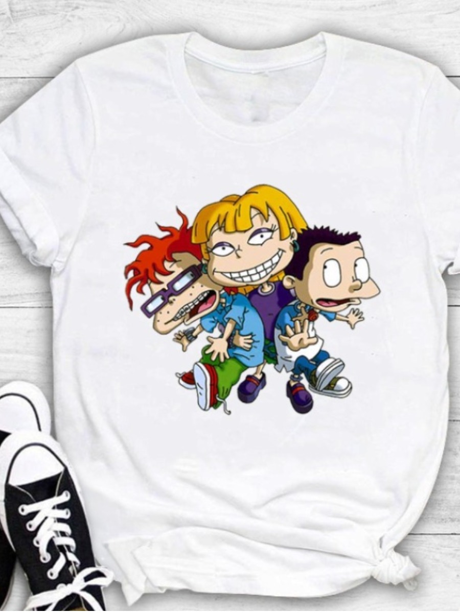 LW Leisure O Neck Cartoon Print Whtie T-shirt