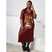 LW Plus Size Casual Lip Letter Print Wine Red Knee