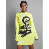 LW Casual O Neck Print Patchwork Yellow Mini Dress