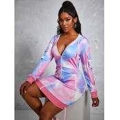 LW Hooded Collar Tie-dye Pocket Design Dress