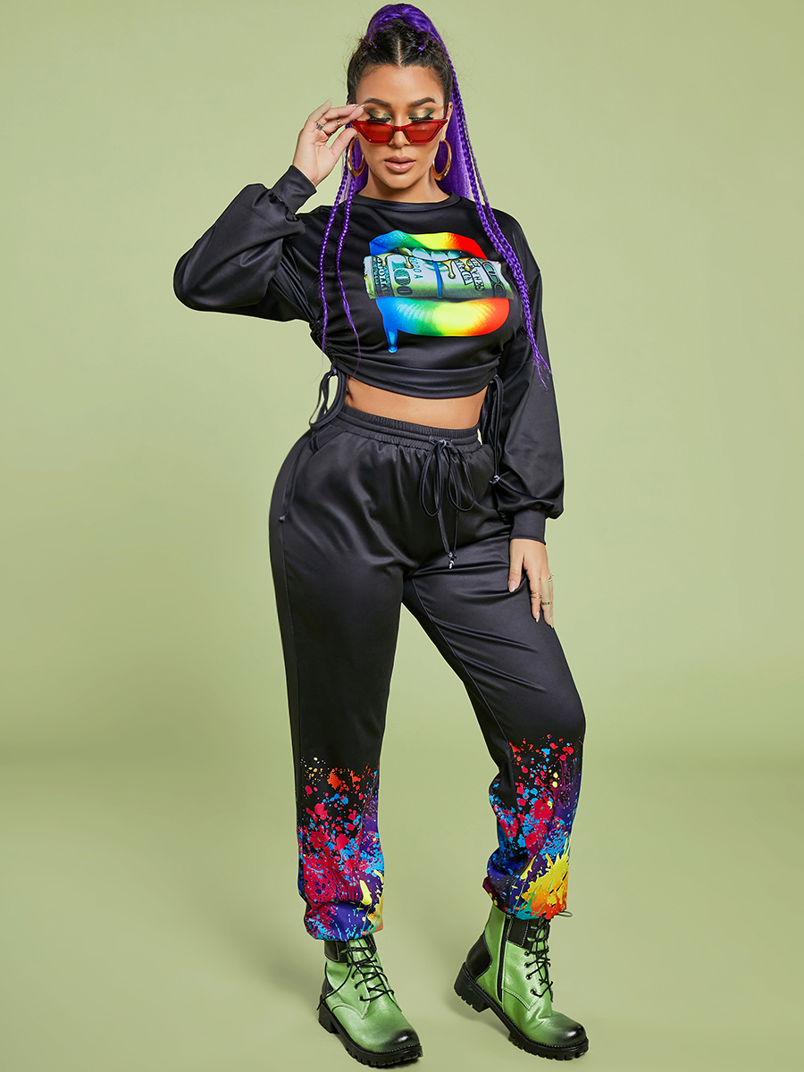 LW Lip Print Splash-ink Design Pants Set