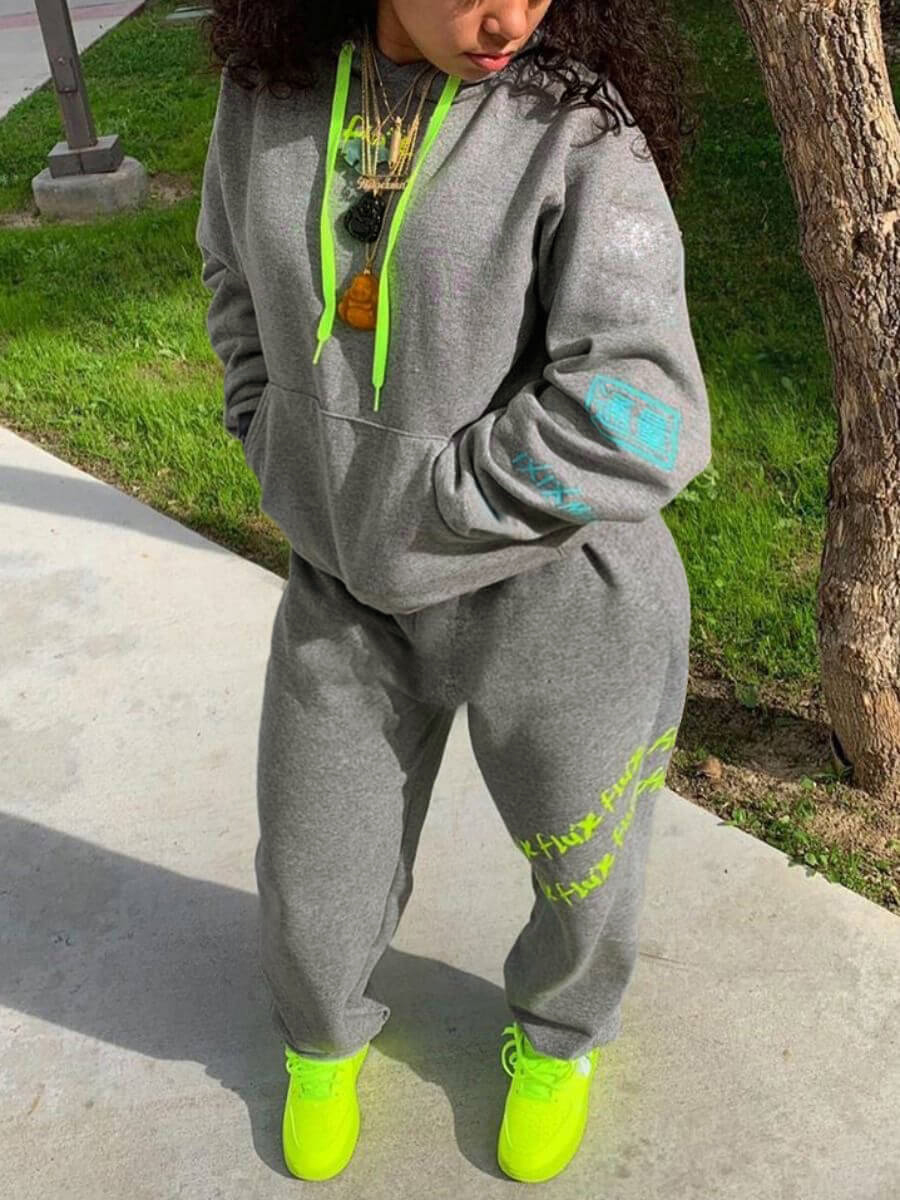 LW Plus Size Letter Print Kangaroo Pocket Tracksuit Set