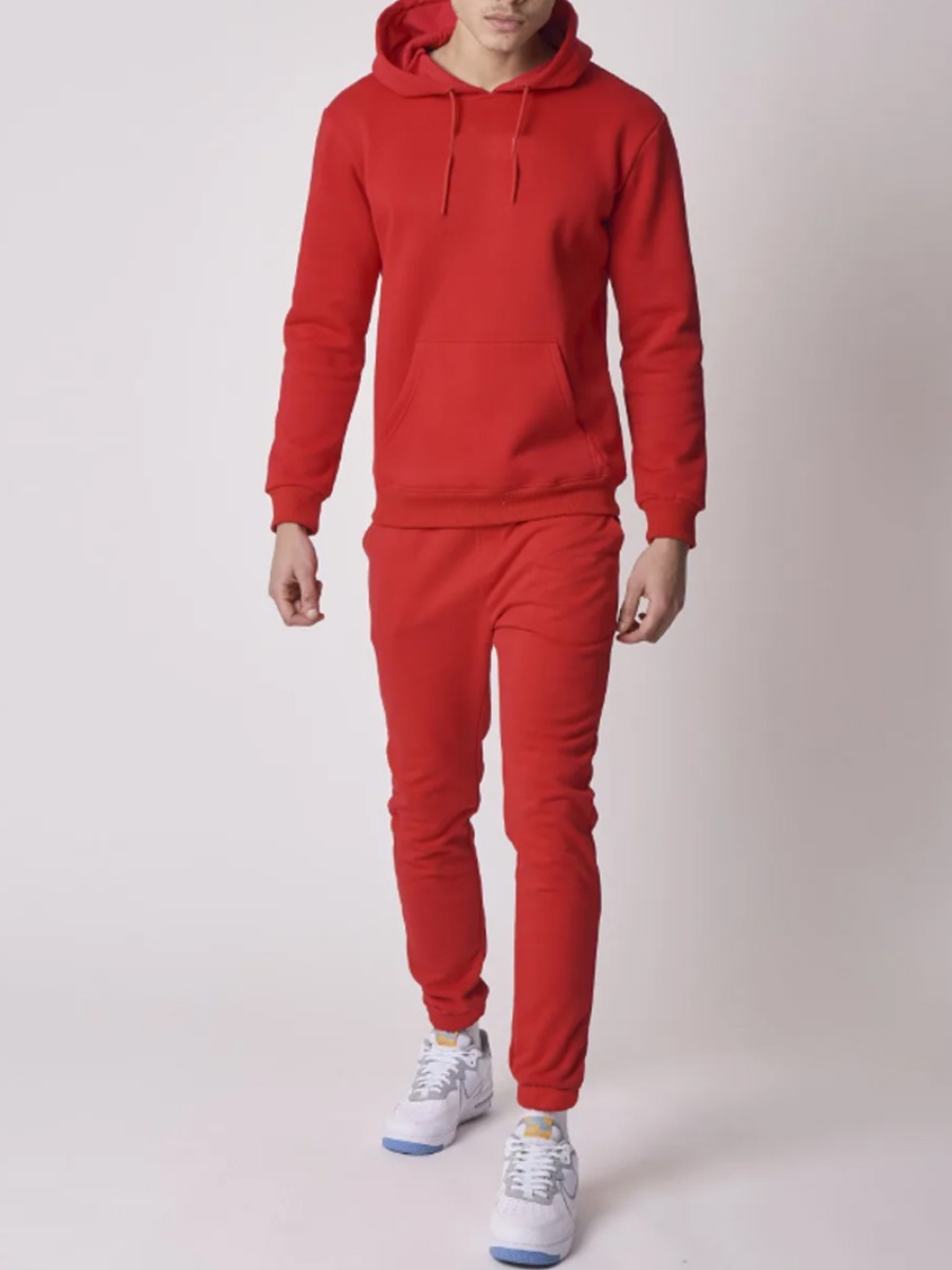 LW BASICS Men Hooded Collar Kangaroo Pocket Tracksuit Set