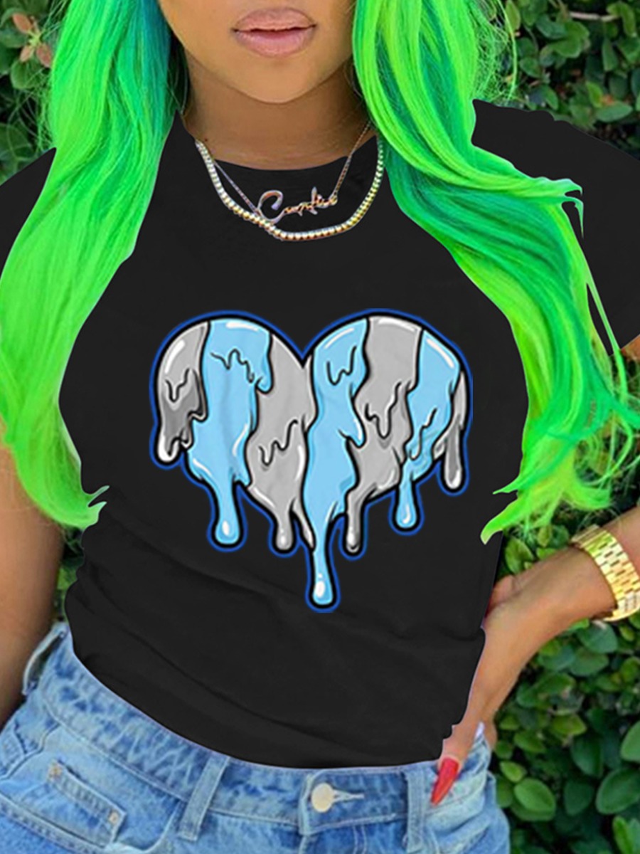 LovelyWholesale Round Neck Heart Print T-shirt Summer Short Sleeve Casual Basic Round Neck Spring Summer 2024