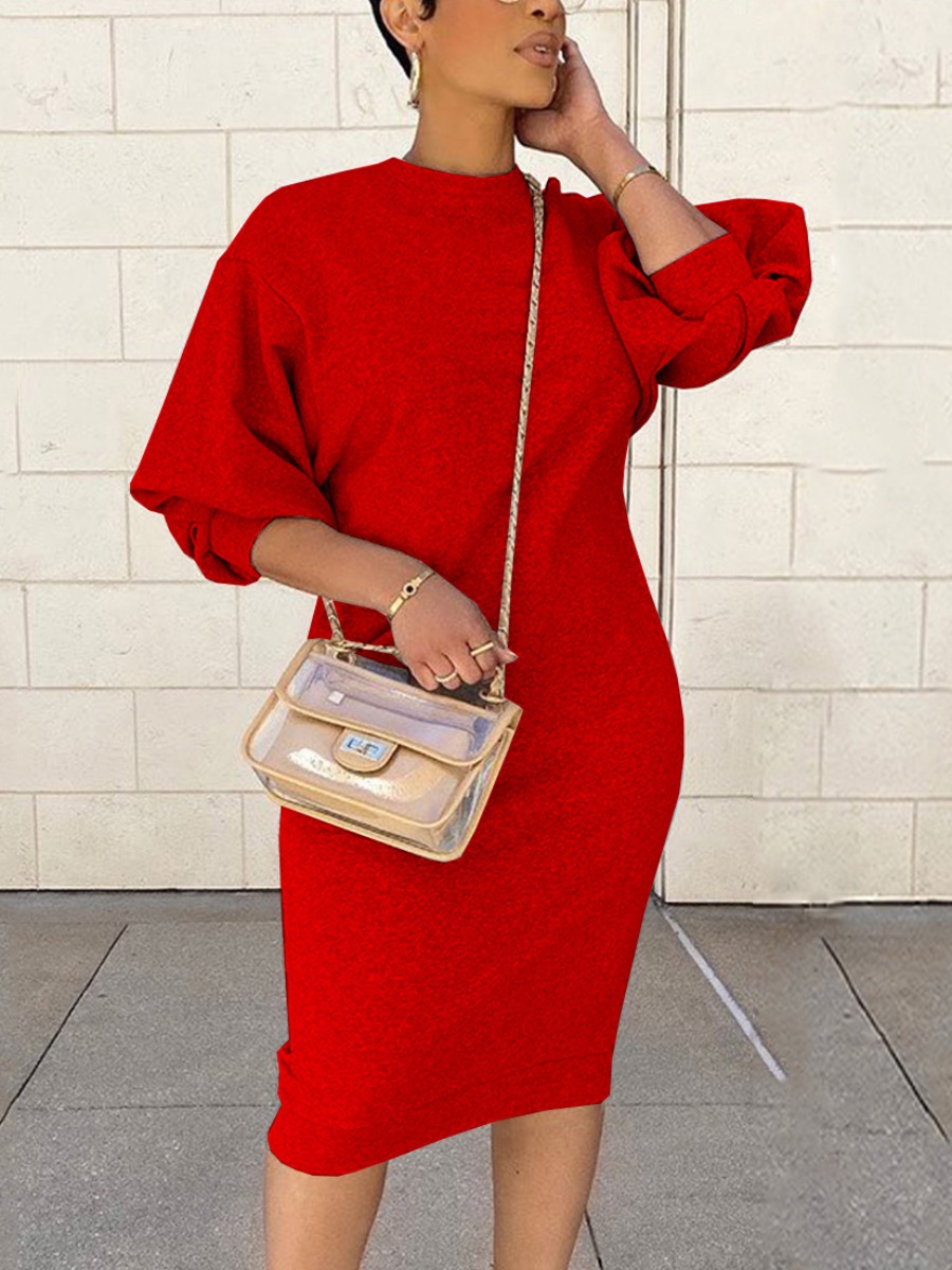LW BASICS Round Neck Lantern Sleeve Bodycon Dress