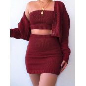 LW Rib-Knit Button Design Skirt Set