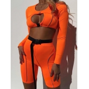 LW Hollow-out Buckle Design Crop Top Shorts Set