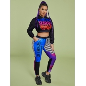 LW Letter Print Striped Crop Top Sweatsuit Set