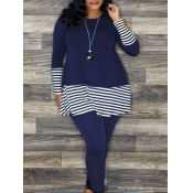 LW Plus Size Casual O Neck Striped Patchwork Blue 