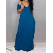 LW Plus Size Casual V Neck Loose Blue Maxi Dress