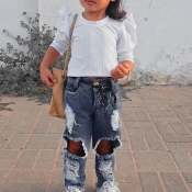 LW COTTON Girl Flounce Design Ripped Pants Set