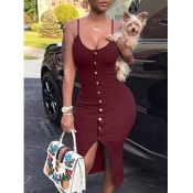 LW SXY Rib-Knit  Button Design Bodycon Dress