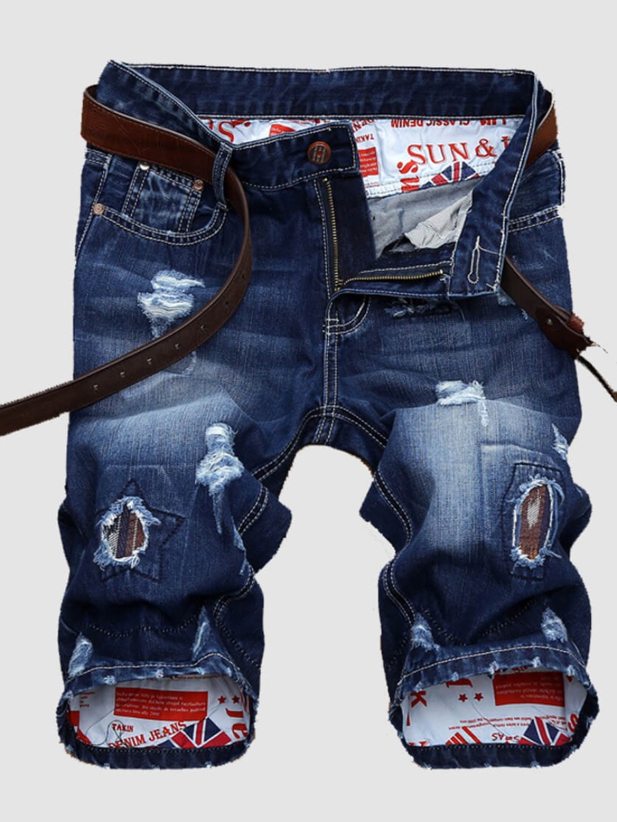 LW Men Street Ripped American Flag Denim Shorts (No Stretch)