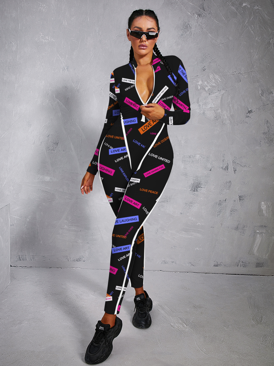 LW Letter Print Zipper Design Jumpsuit