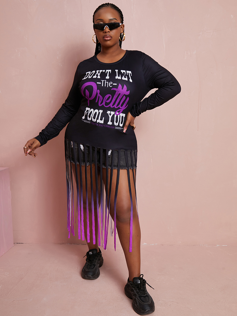 LW Plus Size Letter Print Tassel Design T-shirt