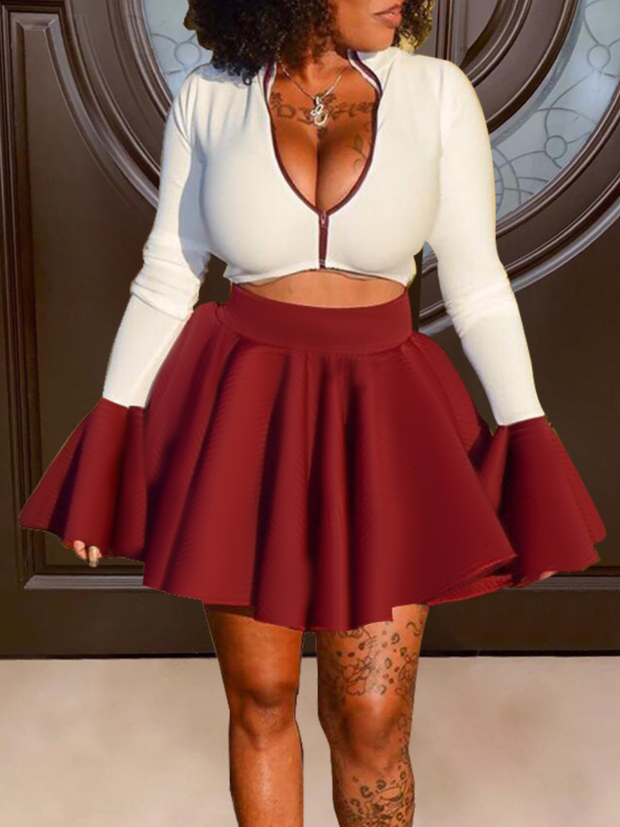 LW Casual Zipper Design Wine Red Two-piece Skirt Set