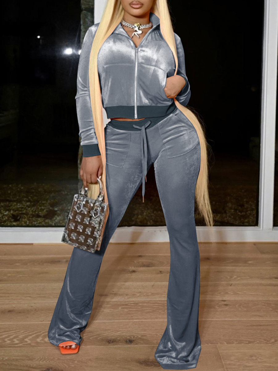 LW Velvet Pocket Design Crop Top Tracksuit Set