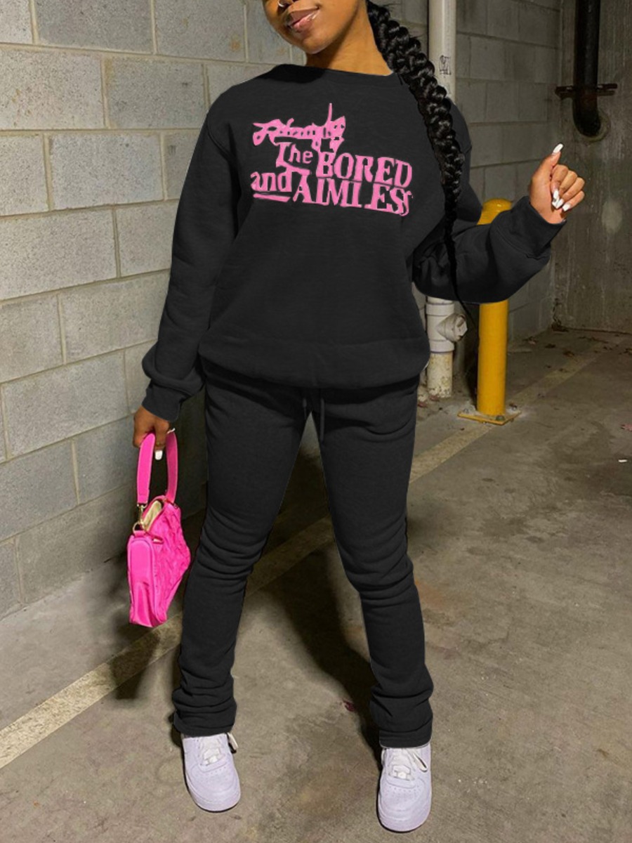 LW Sweat Letter Print Pullover Pants Set