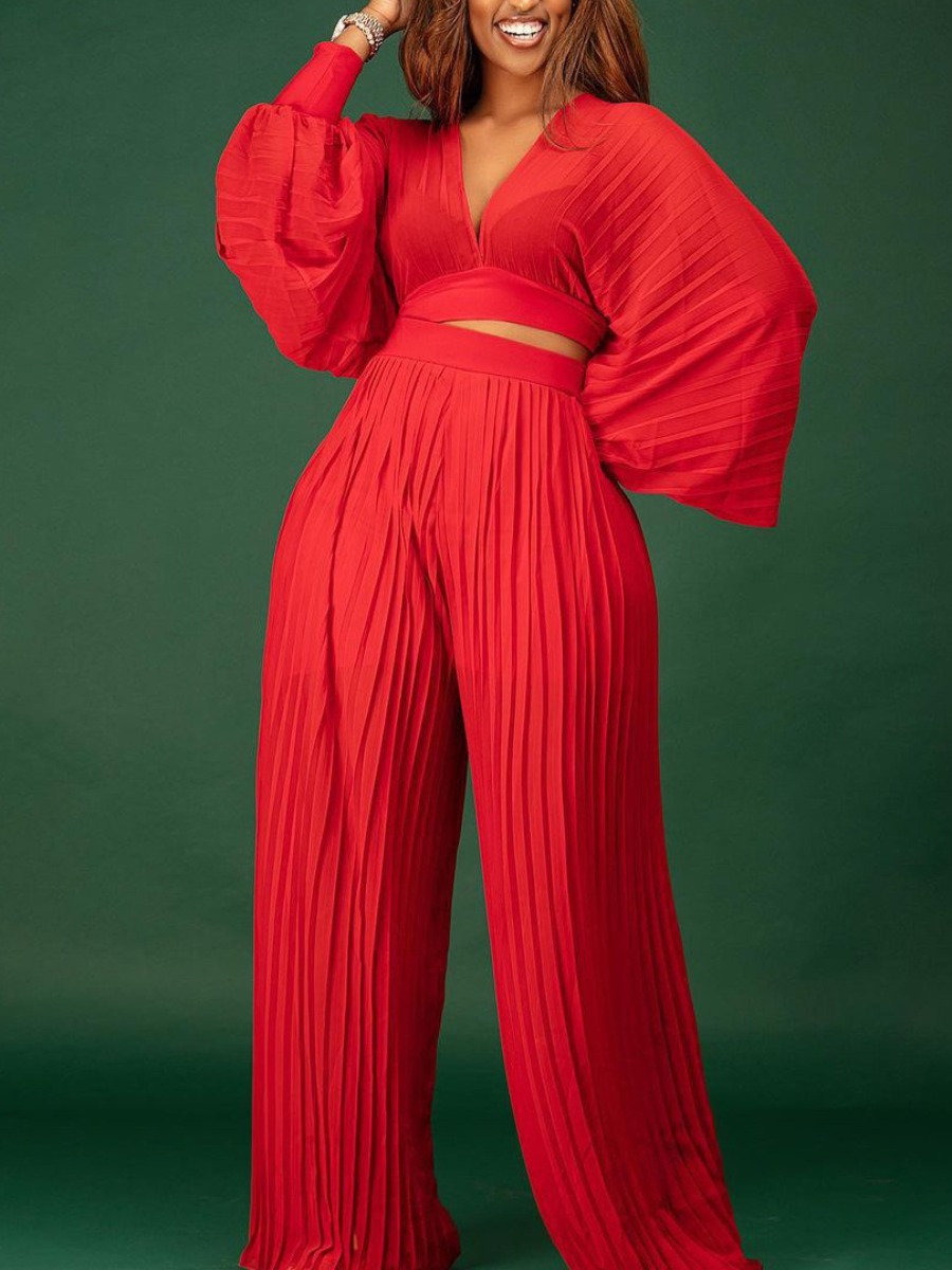 LovelyWholesale SXY Chiffon Ruched Wide Leg Cropped Pants Set Fall Long Sleeve Sxy Ruched V Neck Spring Summer 2024