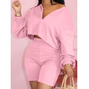 LW BASICS Casual Zipper Design Pink Two-piece Shor