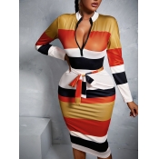 LW Trendy Striped Zipper Design Yellow Mid Calf Dr