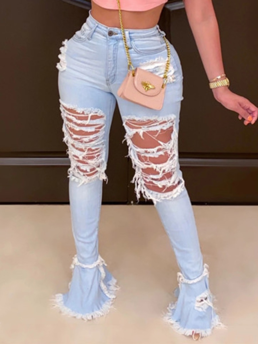 LW High Stretchy Ripped Raw Edge Flared Jeans