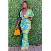 LW Chic Floral Print Baby Blue Two-piece Pants Set