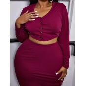 LW Plus Size Button Design Crop Top Skirt Set