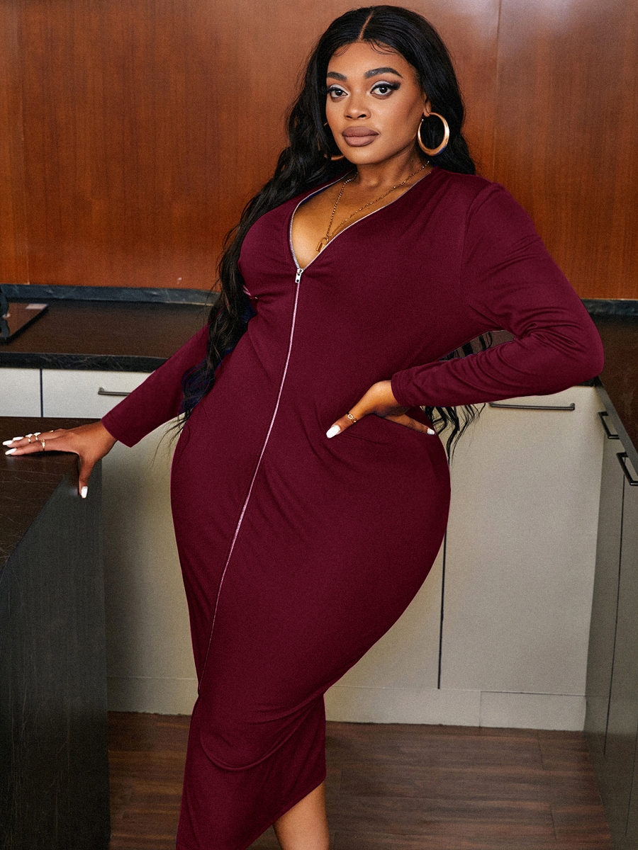 LW BASICS Plus Size V Neck Zipper Design Bodycon Dress