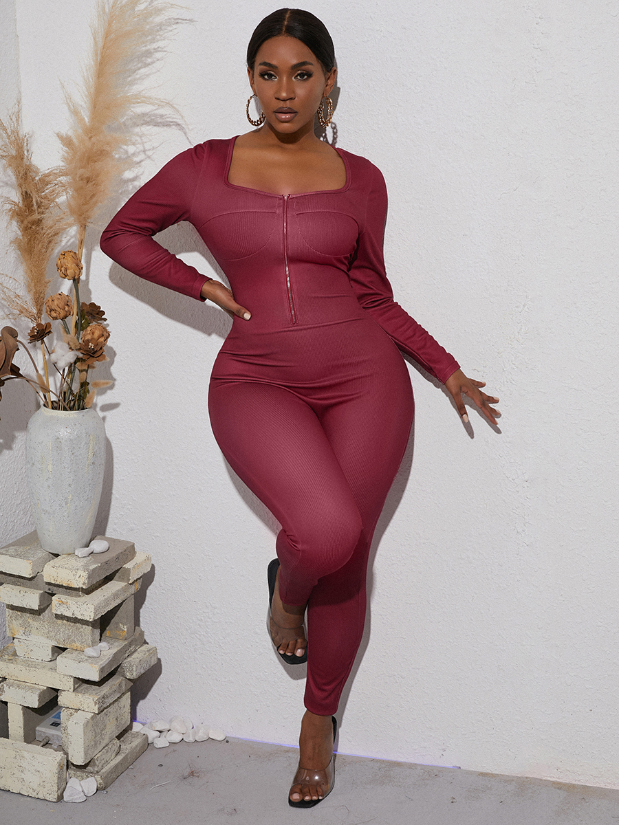 LW Rib-Knit Zipper Design Jumpsuit