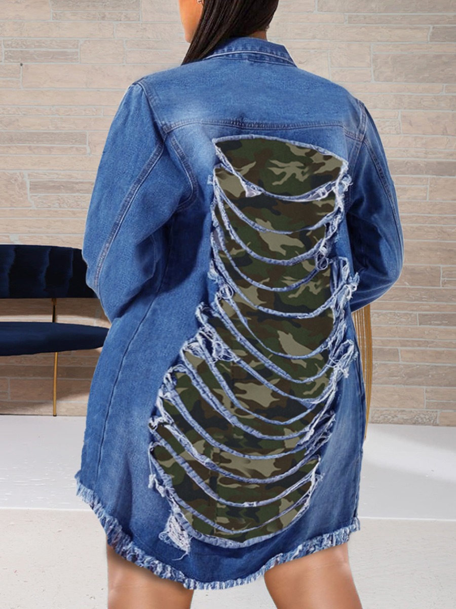LW Plus Size Camo Print Ripped Denim Coat (No Stre