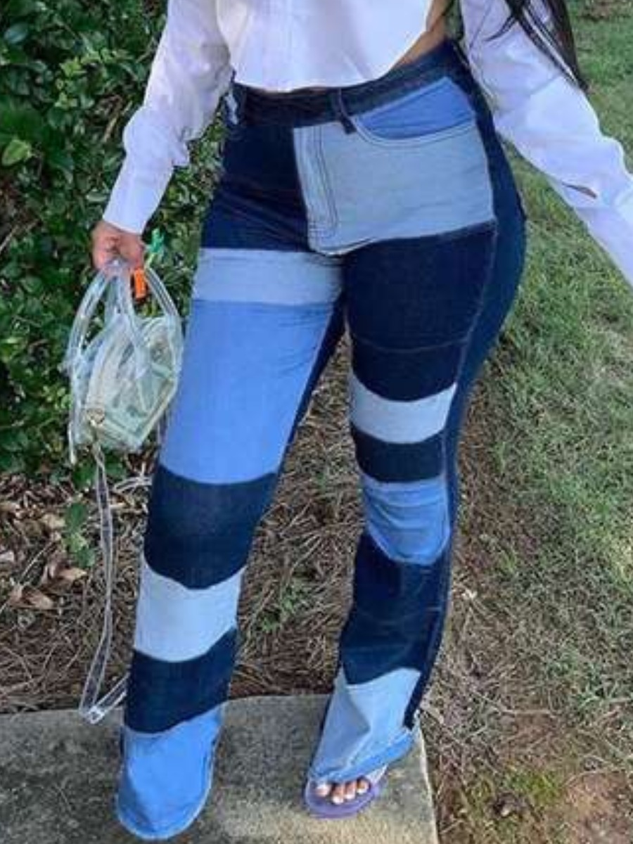 LW Mid Waist Patchwork Flared Pants