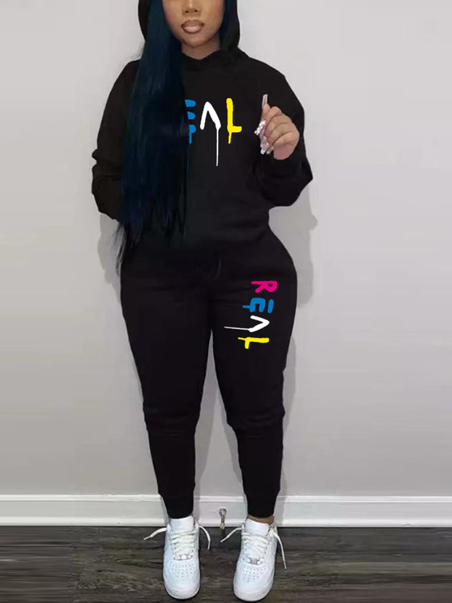 LW Plus Size Letter Print Kangaroo Pocket Tracksuit Set