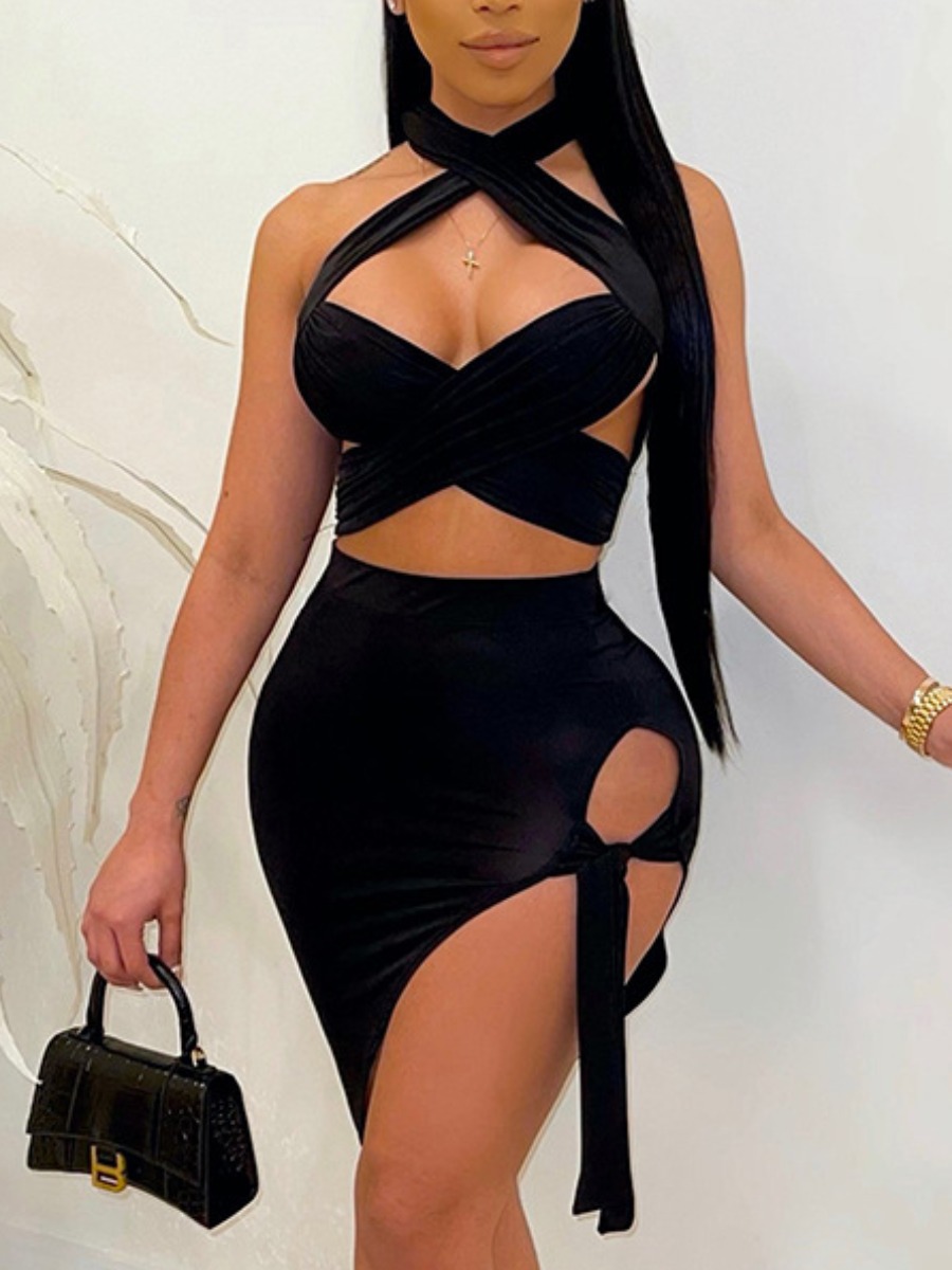 LW SXY Bandage Hollow-out Design Skirt Set